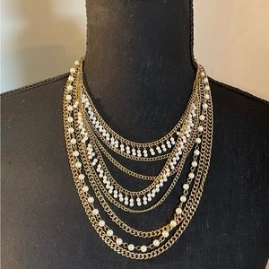 Layered pearl gold tone necklace
